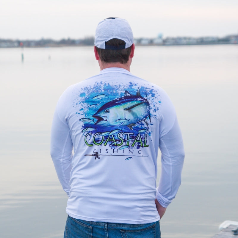 Coastal White Men's Long Sleeve QuickDry Fishing Shirt - Tuna Design