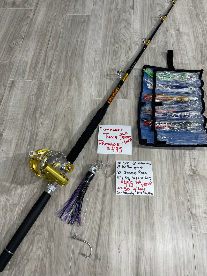 Complete Tuna Package (50lb Roller Rod, 30W Reel & 6pack Trolling Lures)