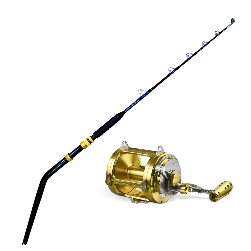 Fishing rod with reel close-up. The fishing rod is bent and fully